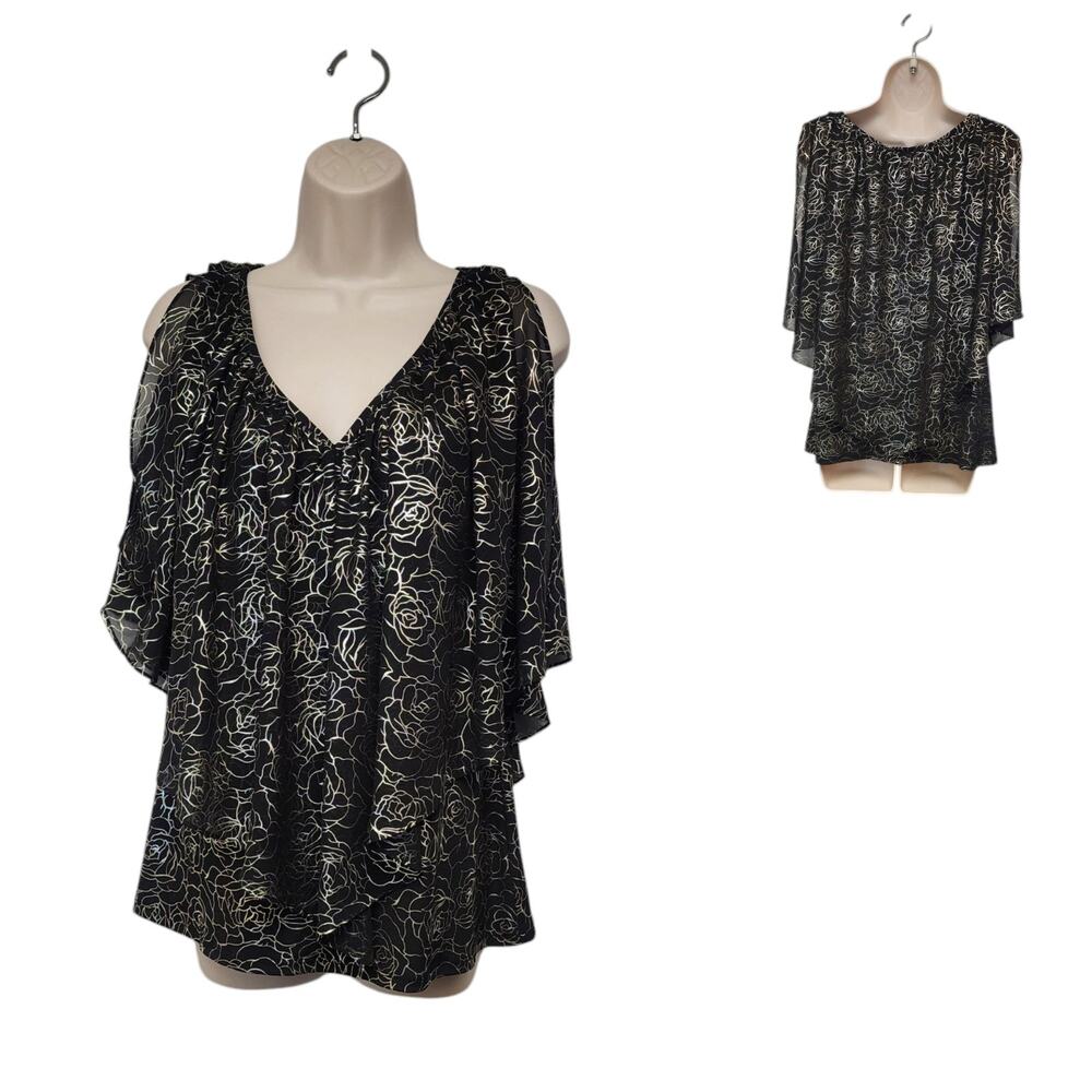Coco Bianco Women’s Floral Print Top Flutter Sleeve Black/Silver Blouse Size M